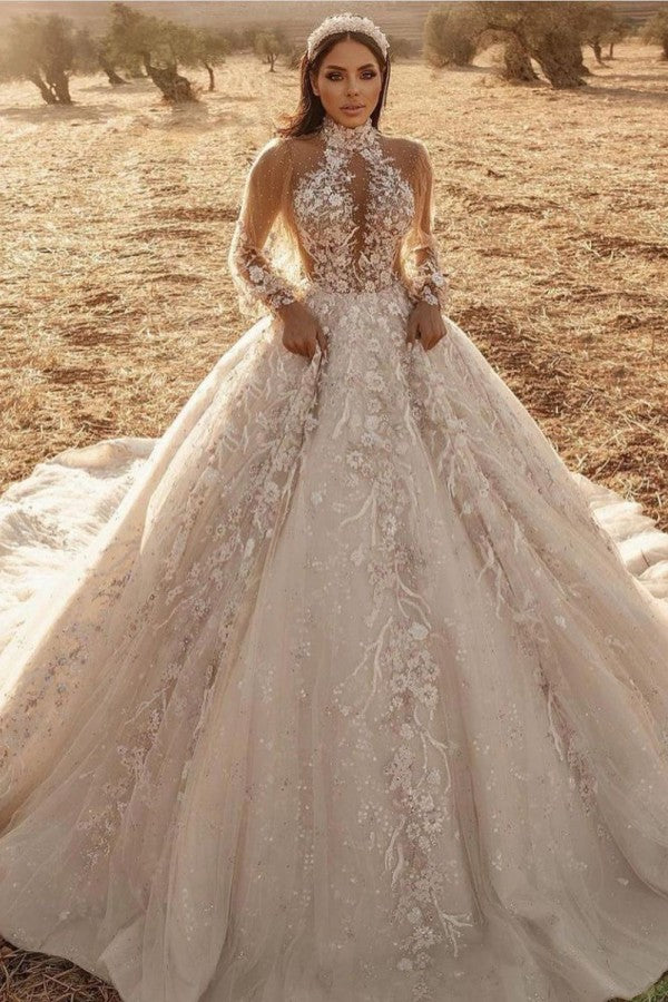Gorgeous Long A-Line High Neck Appliques Lace Tulle Wedding Dress	 with Long Sleeve