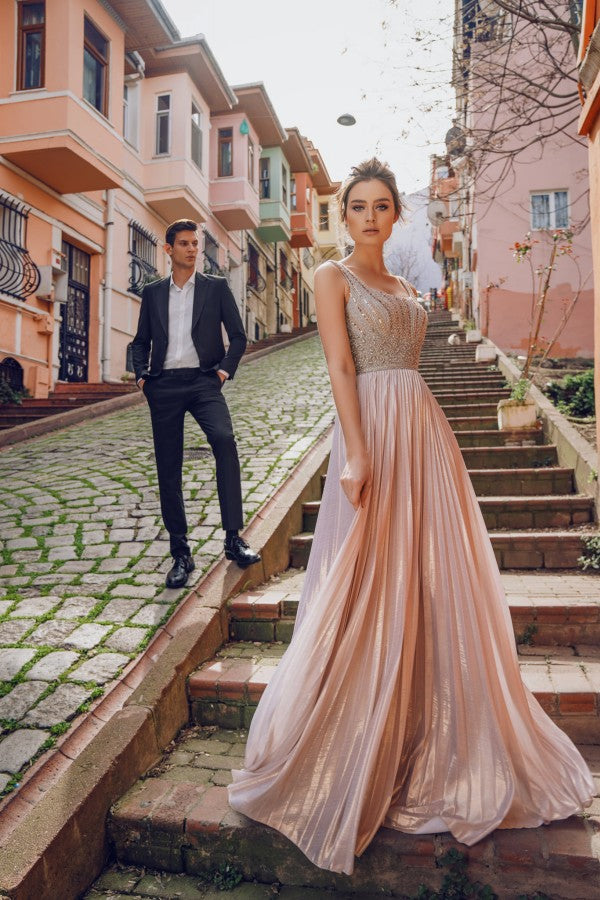 Elegant Long A-line V-neck Satin Prom Dress
