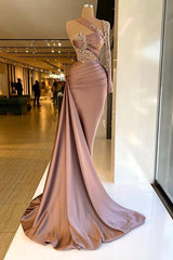 Long Mermaid One Shoulder Satin Appliques Lace Fromal Prom Dresses with Sleeves