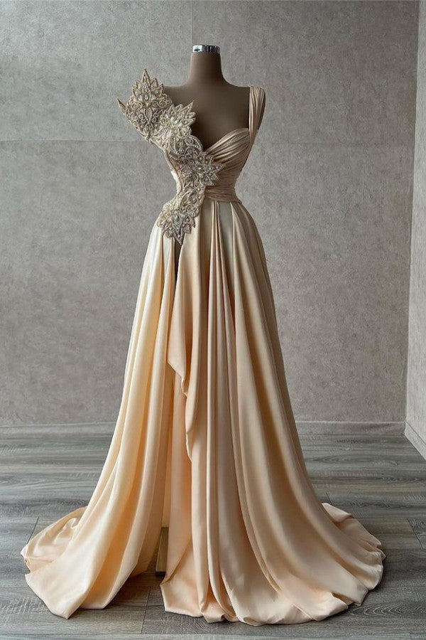 Long A-line Sweetheart Ruffles Chiffon Prom Dresses with Slit