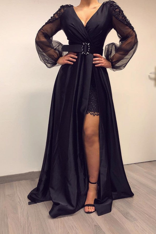 Black A-line Floor Length V-neck Long Sleeve Backless Satin Beading Prom Dress With Slit