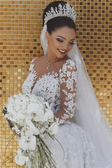 Luxury Long Beaded Lace Mermaid Sheer Tulle Wedding Dresses with Sleeves