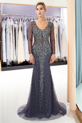 Long V-neck Tulle Mermaid Beaded Formal Evening Dress with Sleeves