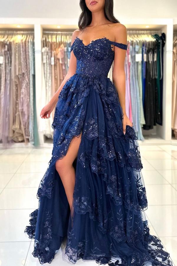 Long A Line Off-the-Shoulder Tulle Appliques Lace Prom Dress with Split Front