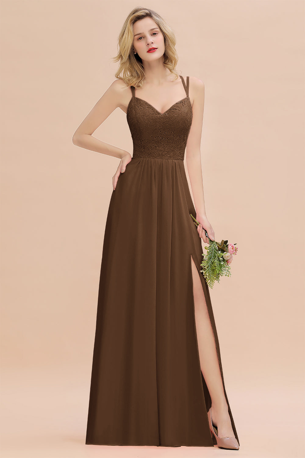 Beautiful A-Line Chiffon Spaghetti Straps Sweetheart Floor Length Split Bridesmaid Dress
