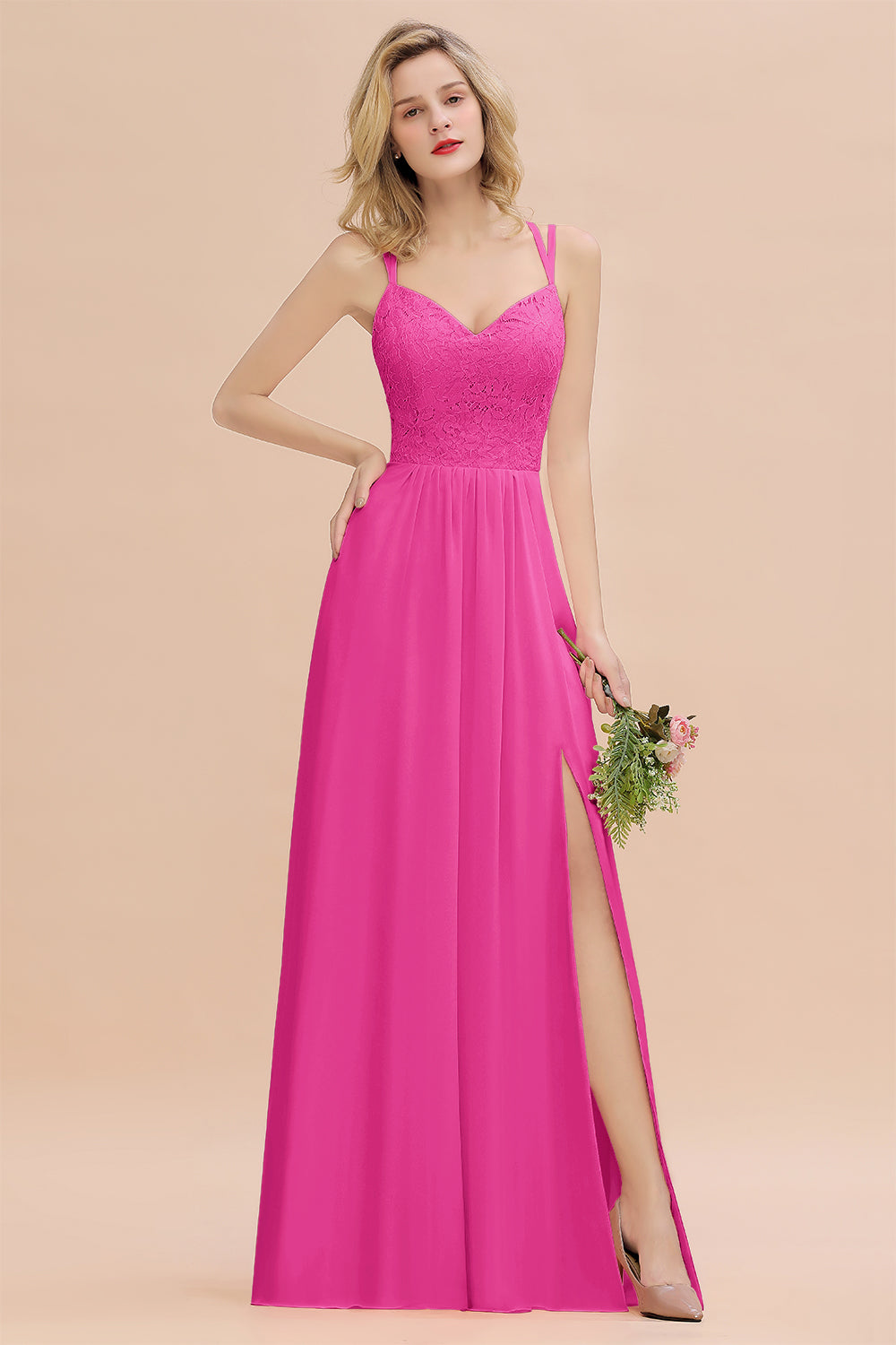 Beautiful A-Line Chiffon Spaghetti Straps Sweetheart Floor Length Split Bridesmaid Dress