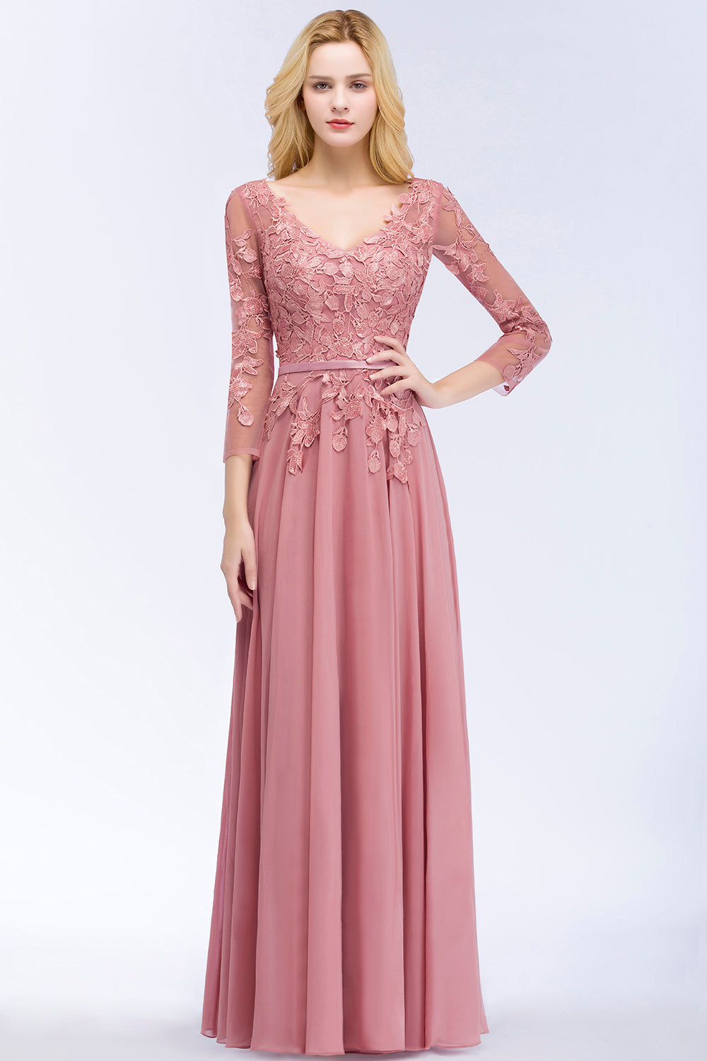 A-line Chiffon Appliques V-Neck Long-Sleeves Floor Length Bridesmaid Dresses