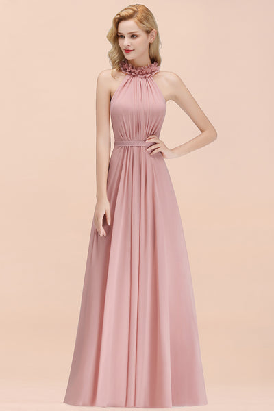 A-line Chiffon Halter Sleeveless Ruffled Floor Length Bridesmaid Dress