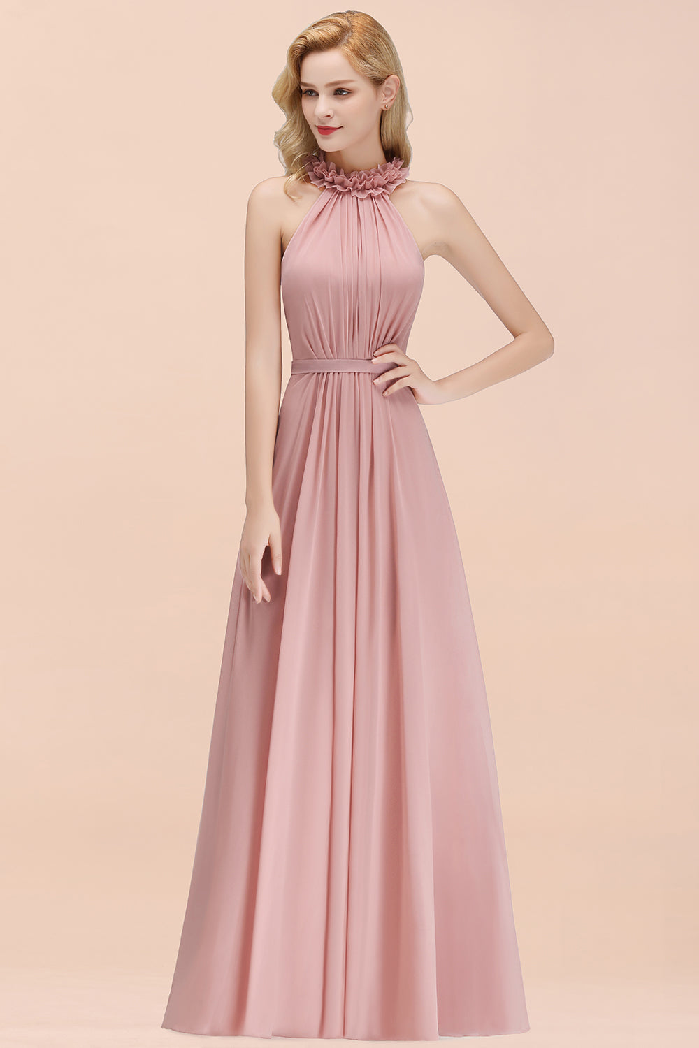 A-line Chiffon Halter Sleeveless Ruffled Floor Length Bridesmaid Dress