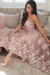 A-line Lace Strapless High Low Prom Dresses