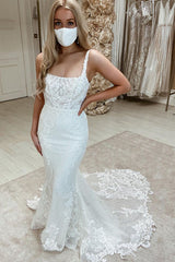 Long Mermaid Square Neckline Appliques Lace Tulle Sleeveless Wedding Dresses