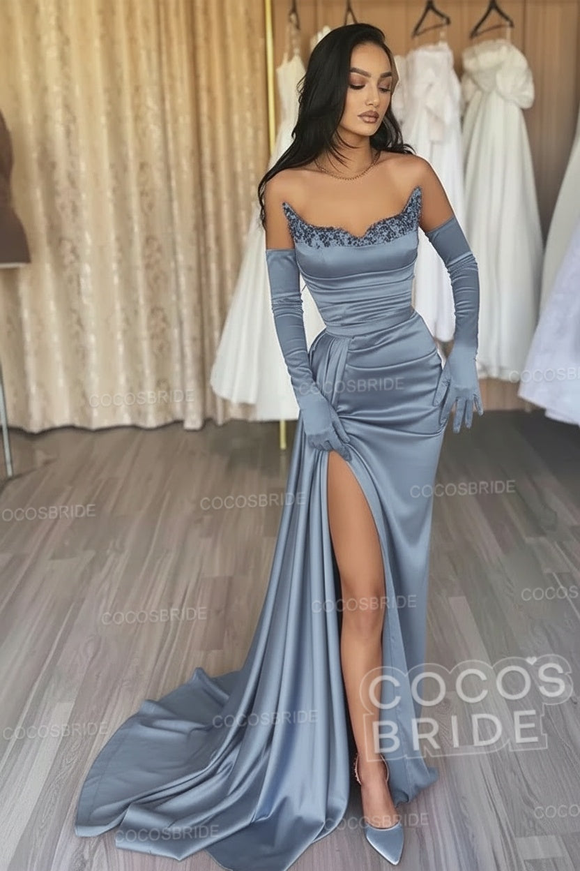 Black Long Mermaid Satin Sweetheart High Split Prom Dresses