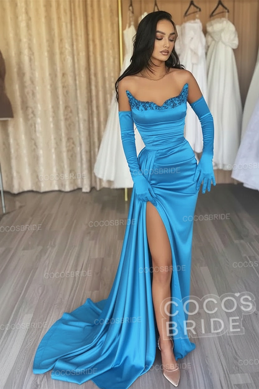 Black Long Mermaid Satin Sweetheart High Split Prom Dresses