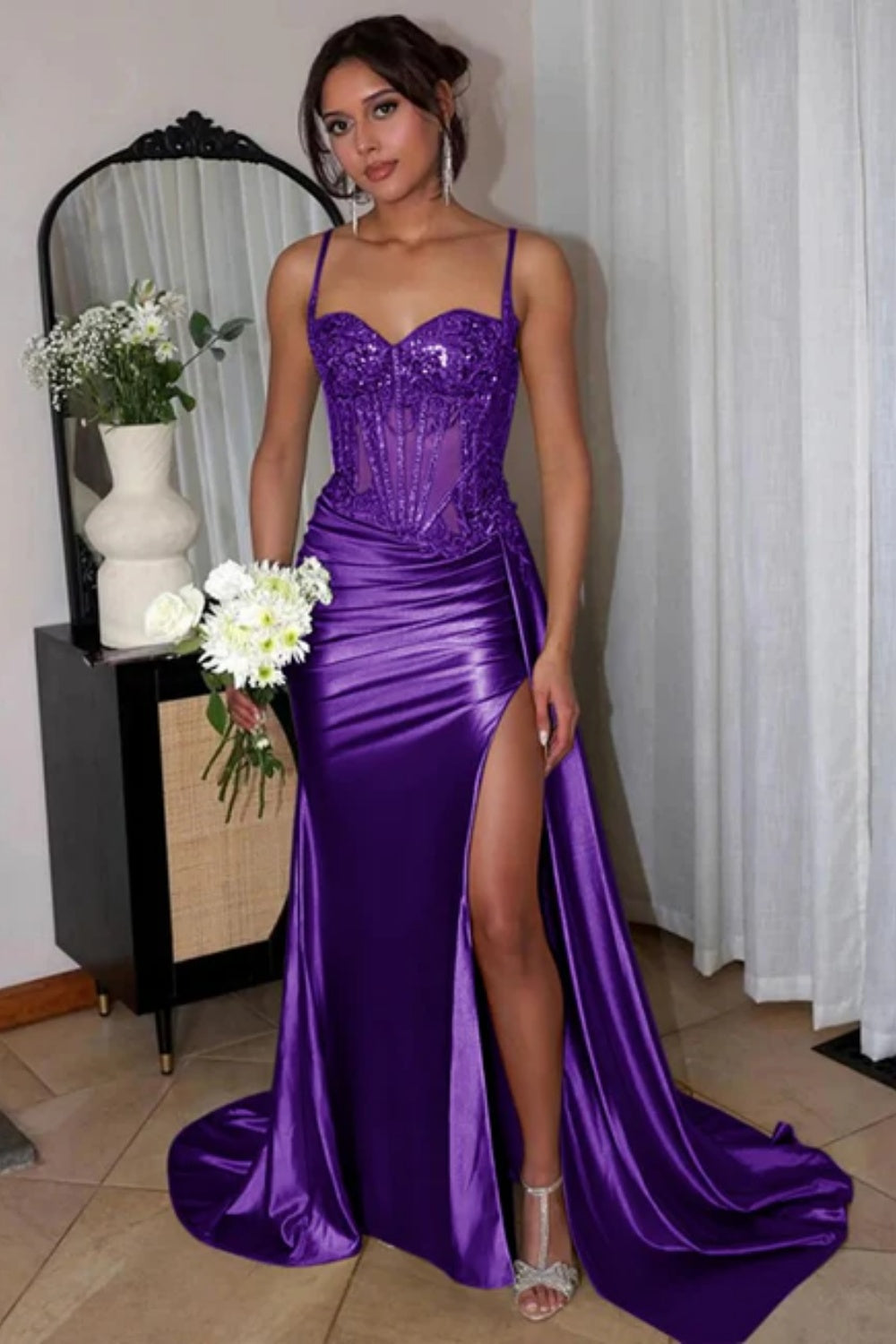 Black Spaghetti Straps Sleeveless Mermaid Evening Dress with Split
