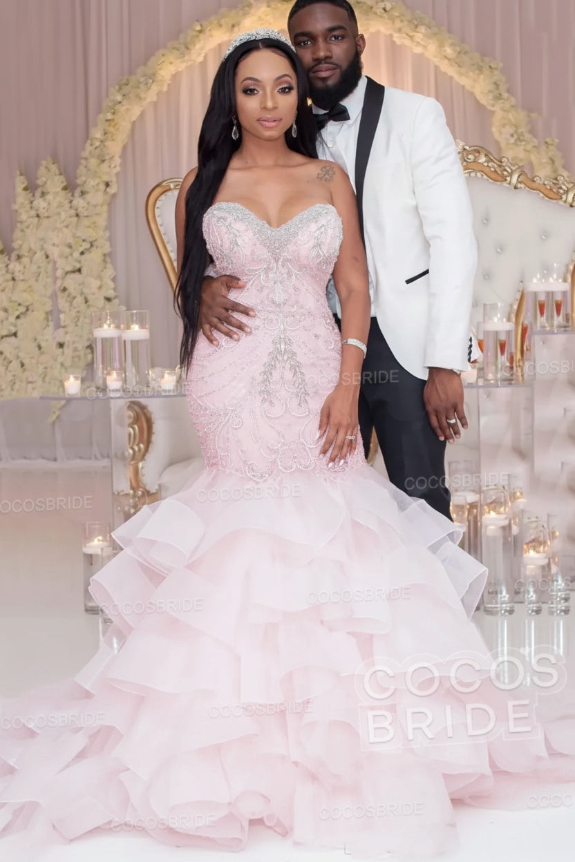 Luxury Long Strapless Ruffles Beaded Mermaid Wedding Dress