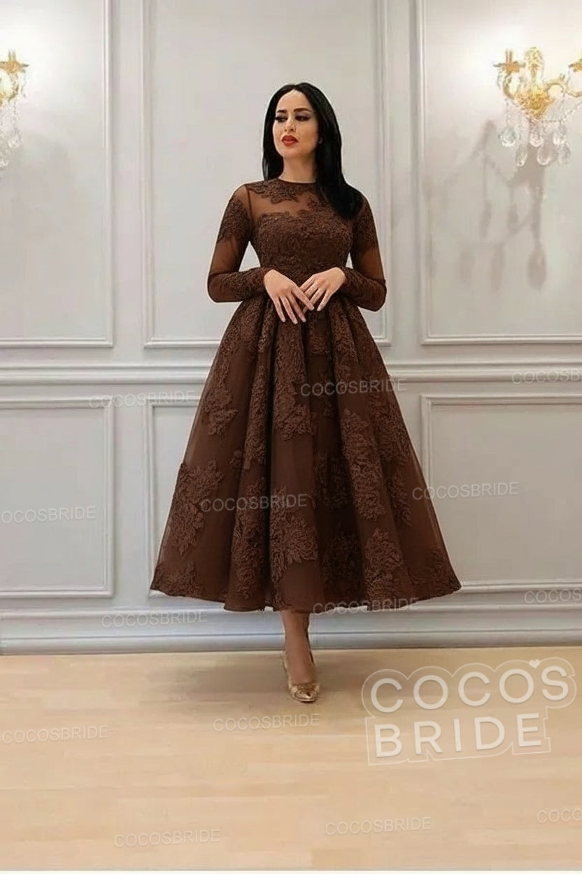Elegant A-line High Neck Lace Formal Evening Dress with Sleeves