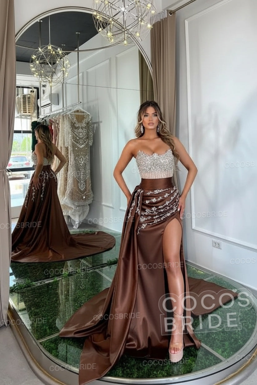 Luxury Mermaid Sweetheart Satin Long Beading Prom Dress with Split