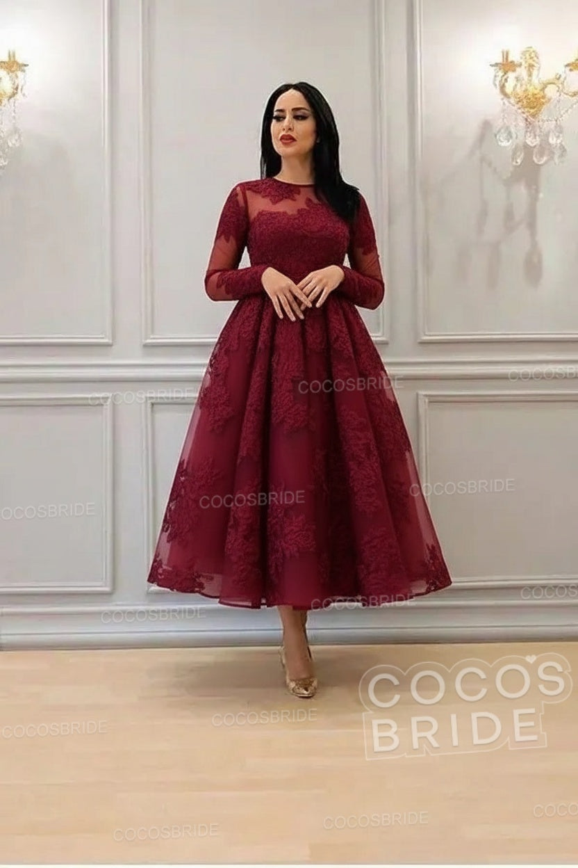Elegant A-line High Neck Lace Formal Evening Dress with Sleeves