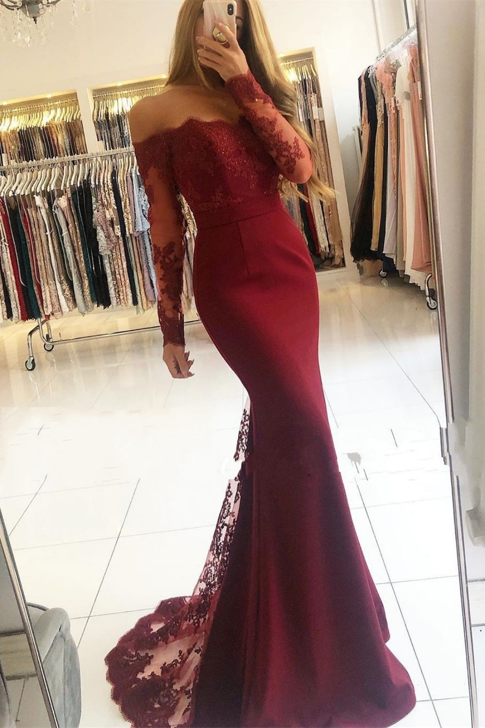 Burgundy Strapless Long Sleeve Satin Lace Mermaid Prom Dresses with Sleeves