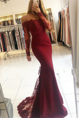 Burgundy Strapless Long Sleeve Satin Lace Mermaid Prom Dresses with Sleeves