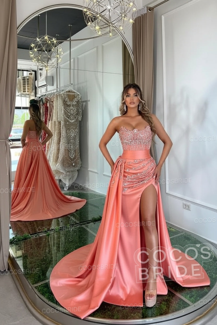 Luxury Mermaid Sweetheart Satin Long Beading Prom Dress with Split