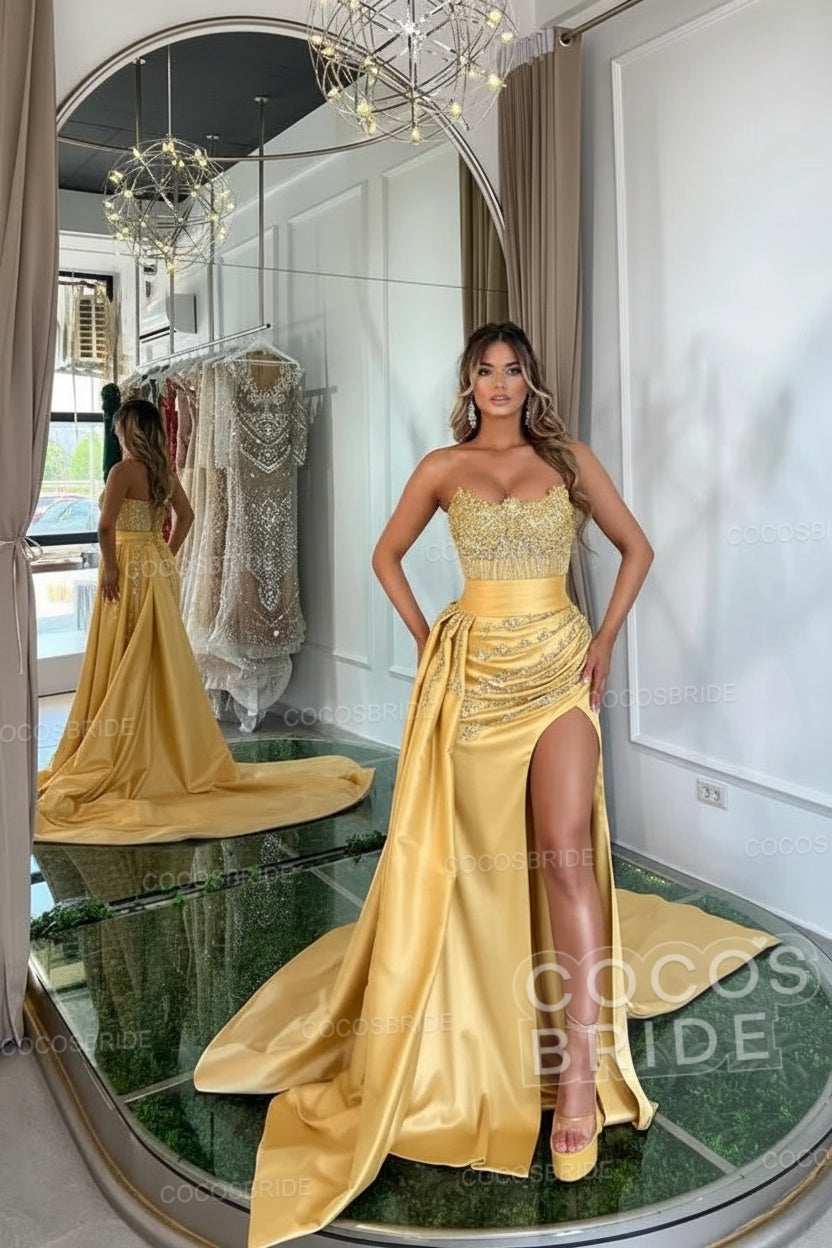 Luxury Mermaid Sweetheart Satin Long Beading Prom Dress with Split