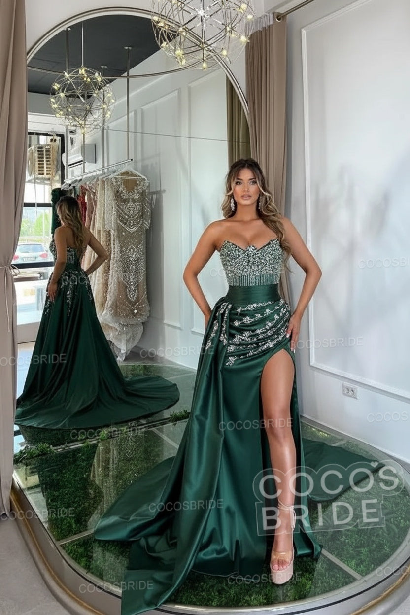 Luxury Mermaid Sweetheart Satin Long Beading Prom Dress with Split