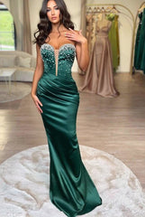 Dark Green Sweetheart Mermaid Satin Long Prom Dress with Beads