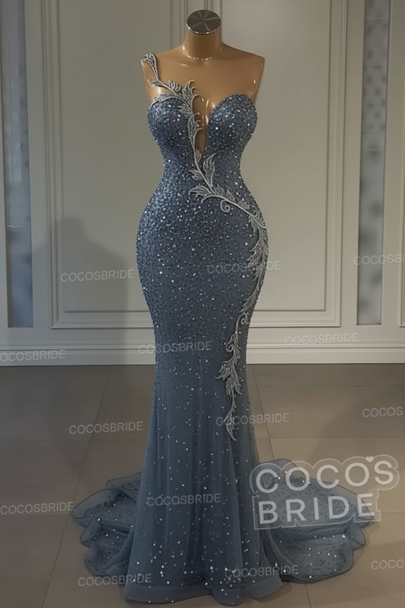 Long Mermaid Sweetheart Tulle Sequin Formal Prom Dress