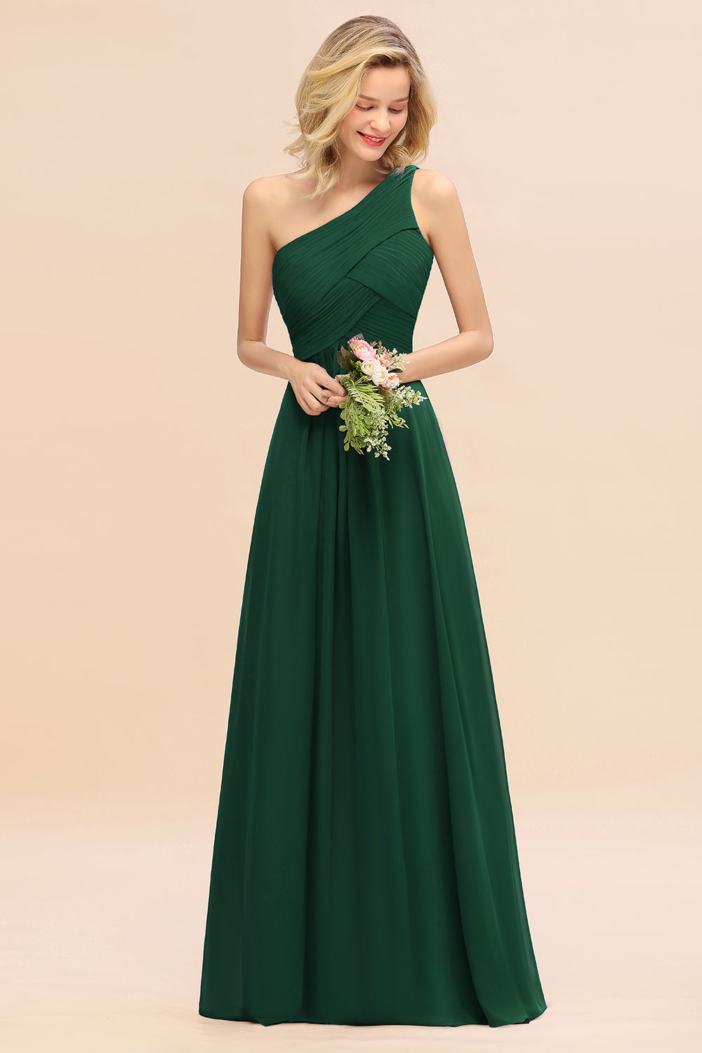 Elegant A-line Chiffon Ruffles One Shoulder Long Bridesmaid Dress