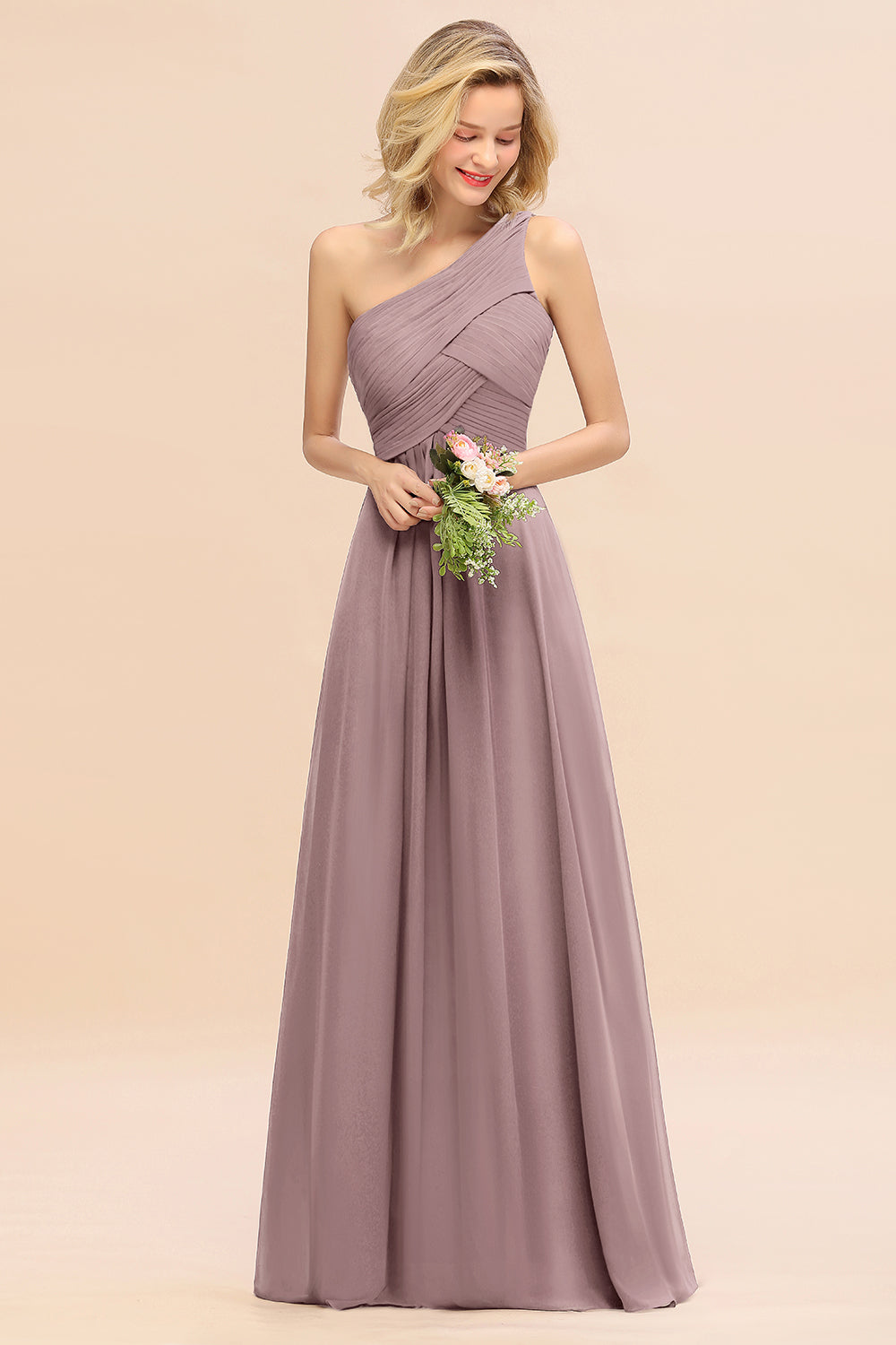 Elegant A-line Chiffon Ruffles One Shoulder Long Bridesmaid Dress