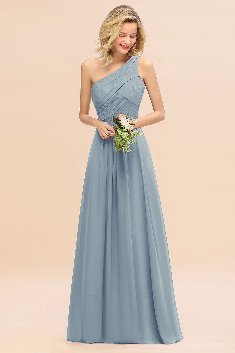Elegant A-line Chiffon Ruffles One Shoulder Long Bridesmaid Dress