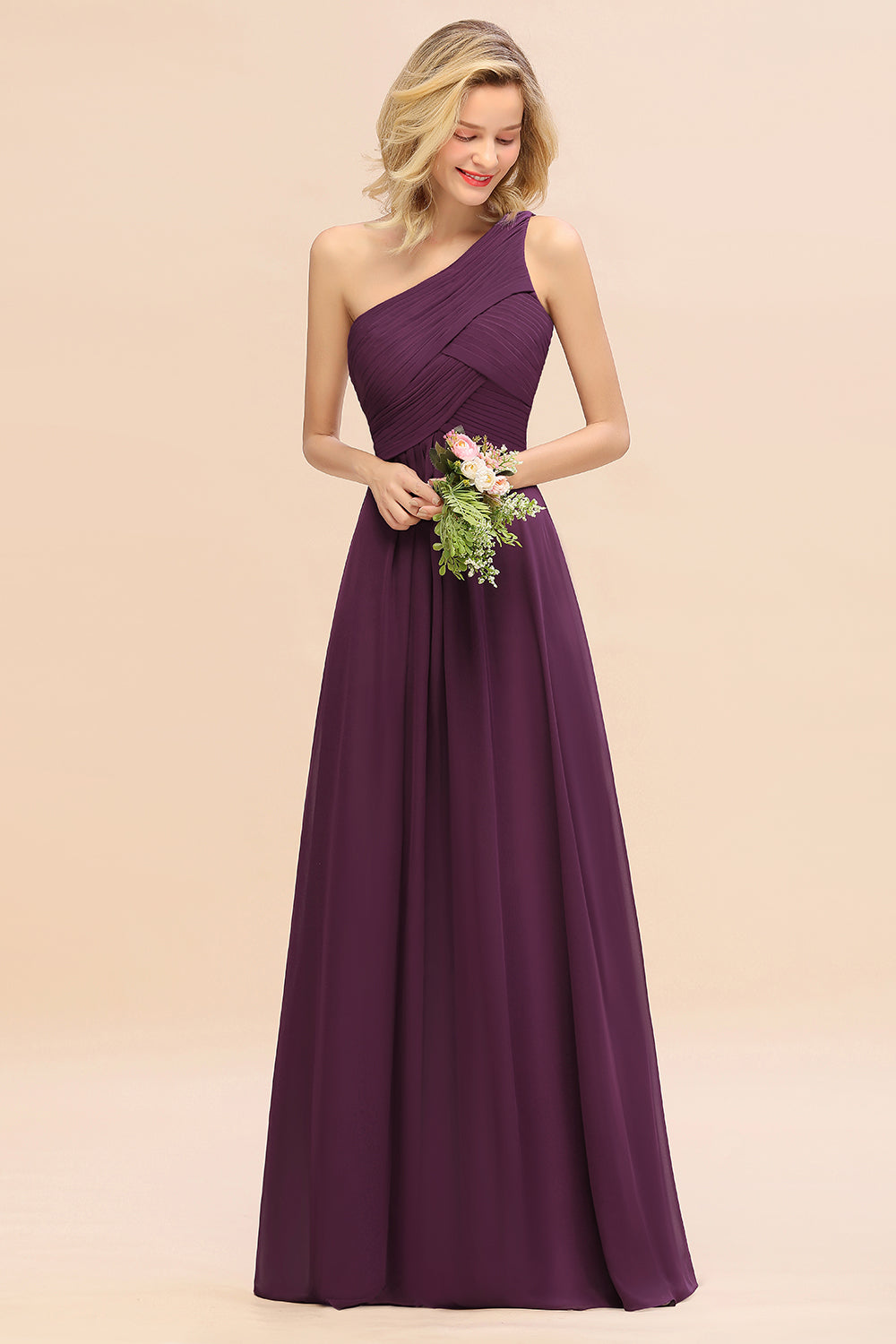 Elegant A-line Chiffon Ruffles One Shoulder Long Bridesmaid Dress