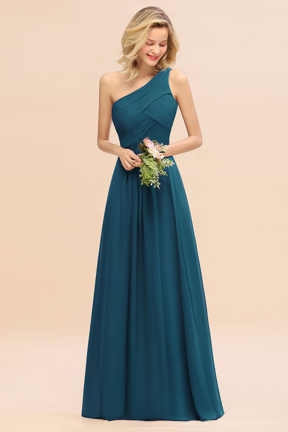 Elegant A-line Chiffon Ruffles One Shoulder Long Bridesmaid Dress