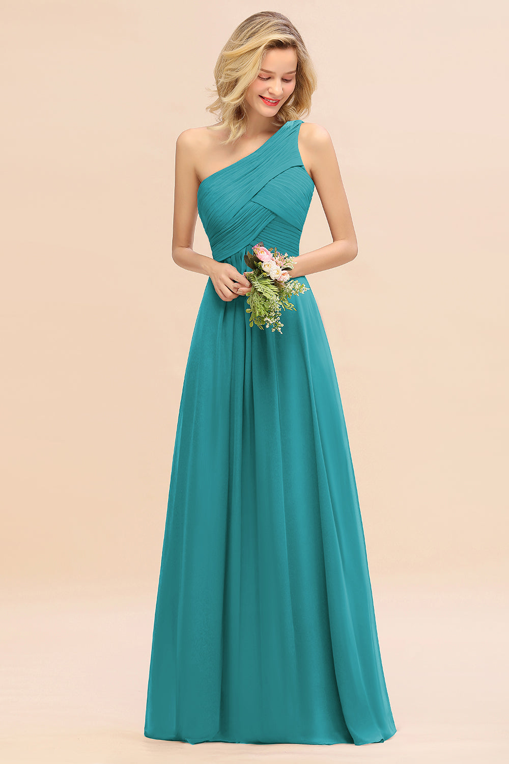 Elegant A-line Chiffon Ruffles One Shoulder Long Bridesmaid Dress