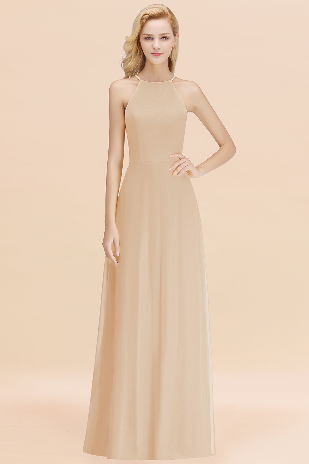 Elegant Long A-line Halter Chiffon Champagne Bridesmaid Dress