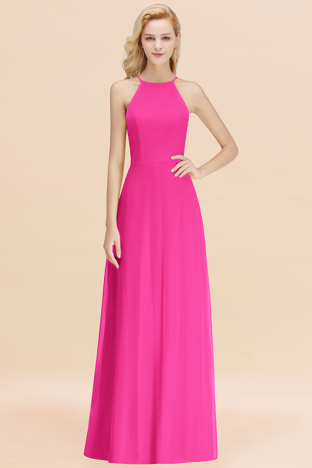 Elegant Long A-line Halter Chiffon Fuchsia Bridesmaid Dress