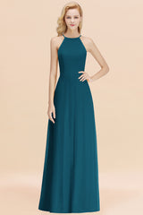 Elegant Long A-line Halter Chiffon Ink Blue Bridesmaid Dress