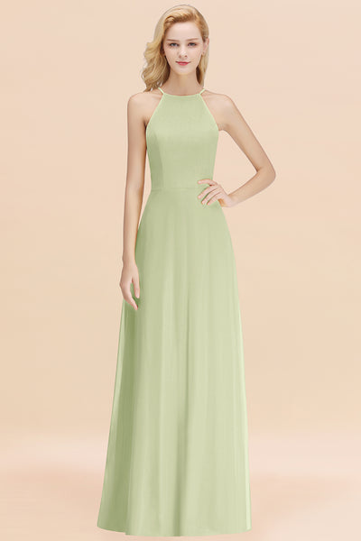 Elegant Long A-line Halter Chiffon Sage Bridesmaid Dress