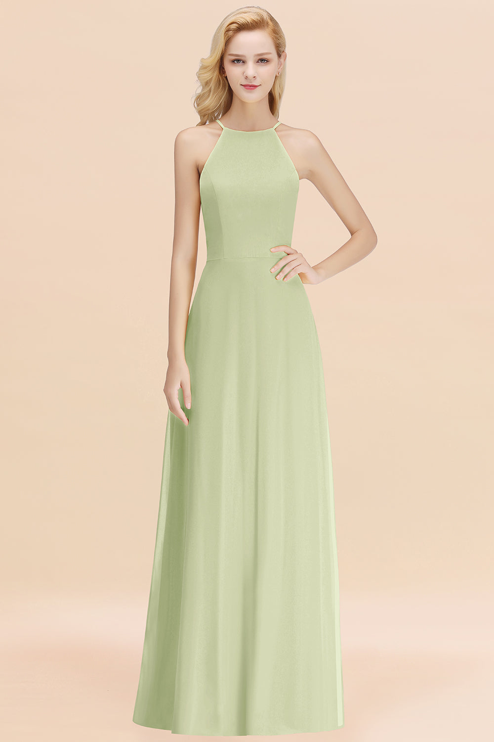Elegant Long A-line Halter Chiffon Sage Bridesmaid Dress