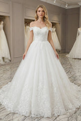 Elegant Long A-line Off the Shoulder Tulle Appliques Lace Wedding Dresses
