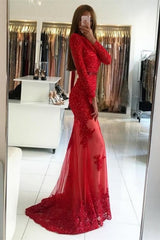 Elegant Long Sleeves Floor Length Mermaid Prom Dress With Appliques Lace