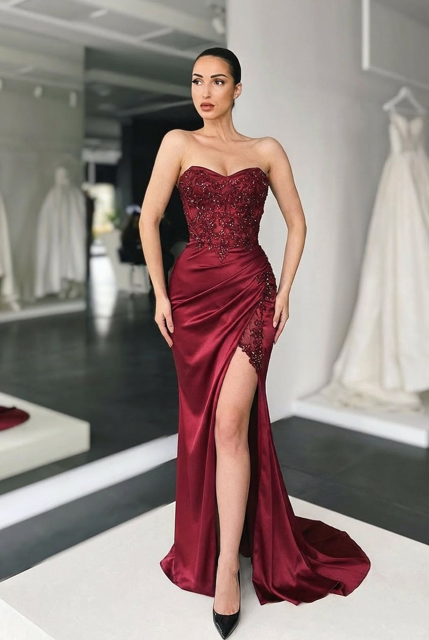Elegant Mermaid Sweetheart Sleeveless Satin Appliques Long Prom Dress with Split
