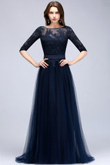 Elegant Navy Half Sleeves Lace Bridesmaid Dresses with Appliques