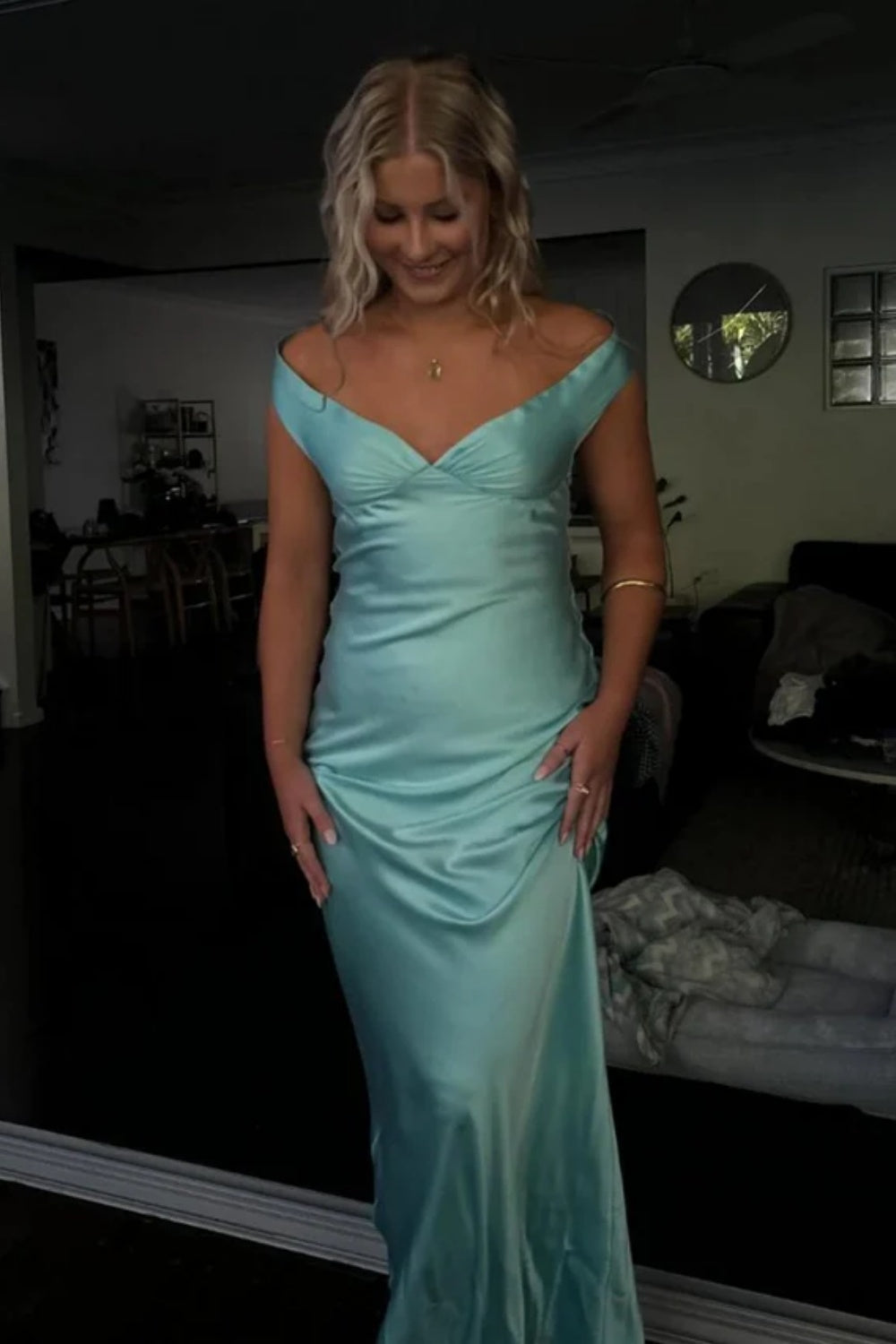 Elegant Off-the-Shoulder Backless Mermaid Satin Prom Dress