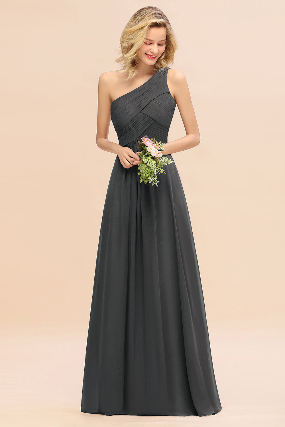 Elegant Steel Grey A-line Chiffon Ruffles One Shoulder Long Bridesmaid Dress