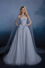 Elegant Sweetheart Strapless A-line Tulle Evening Dress with Rhinestones