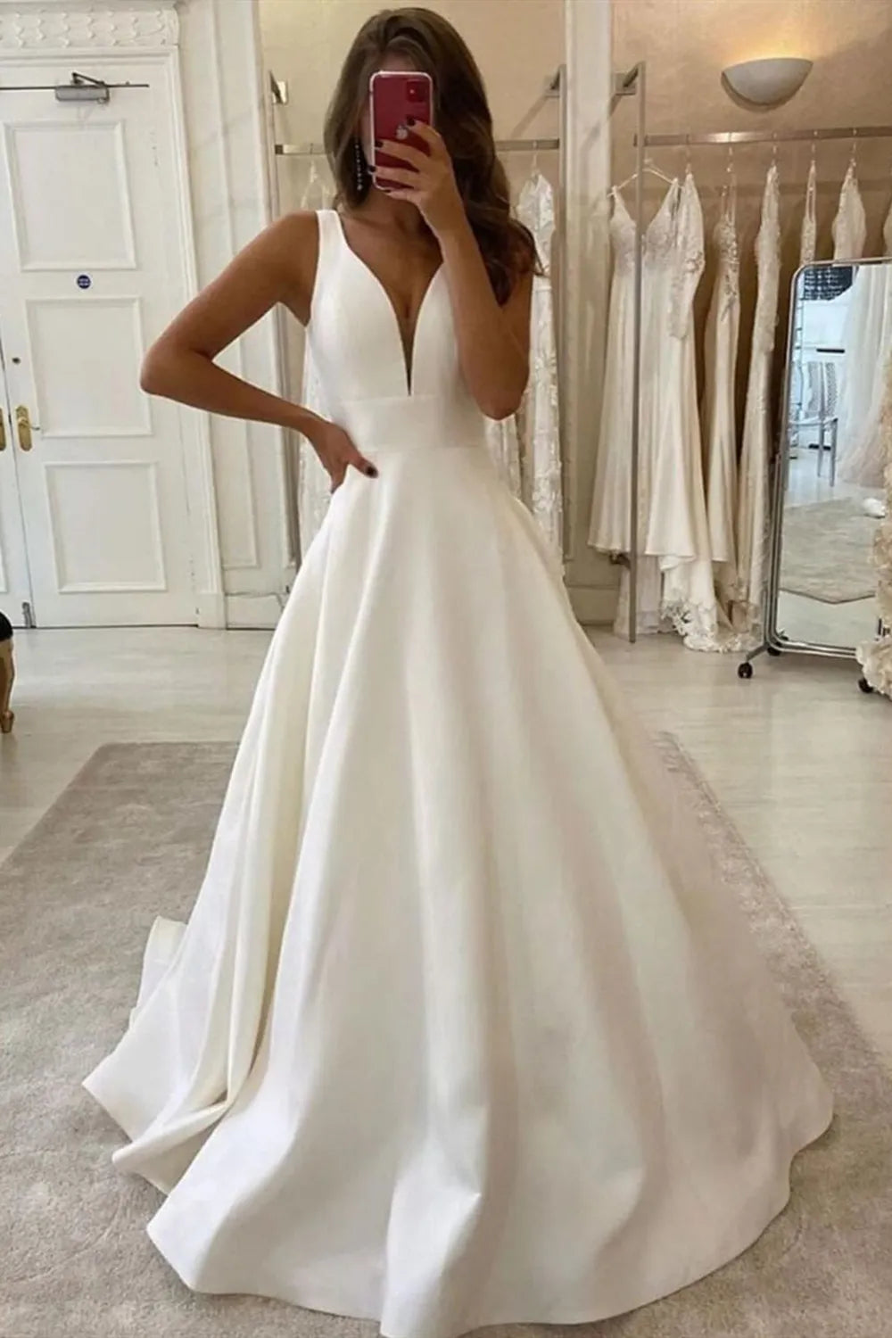 Elegant Long Wide Straps V-neck Ruffles Floor Length A-Line Satin Wedding Dress