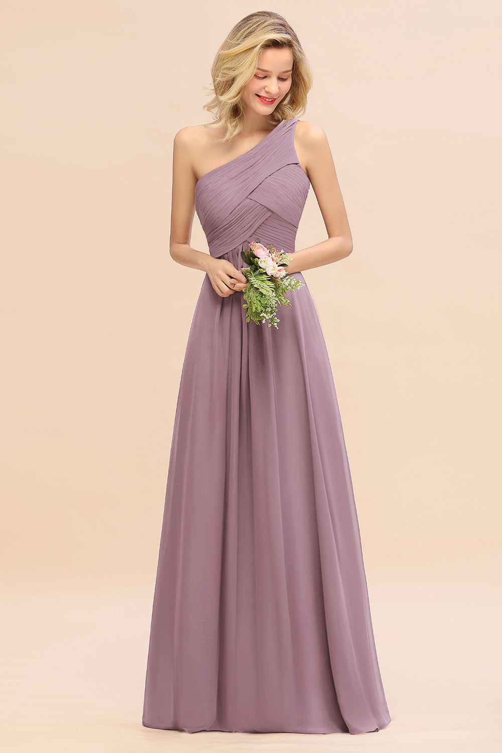 Elegant A-line Chiffon Ruffles One Shoulder Long Bridesmaid Dress