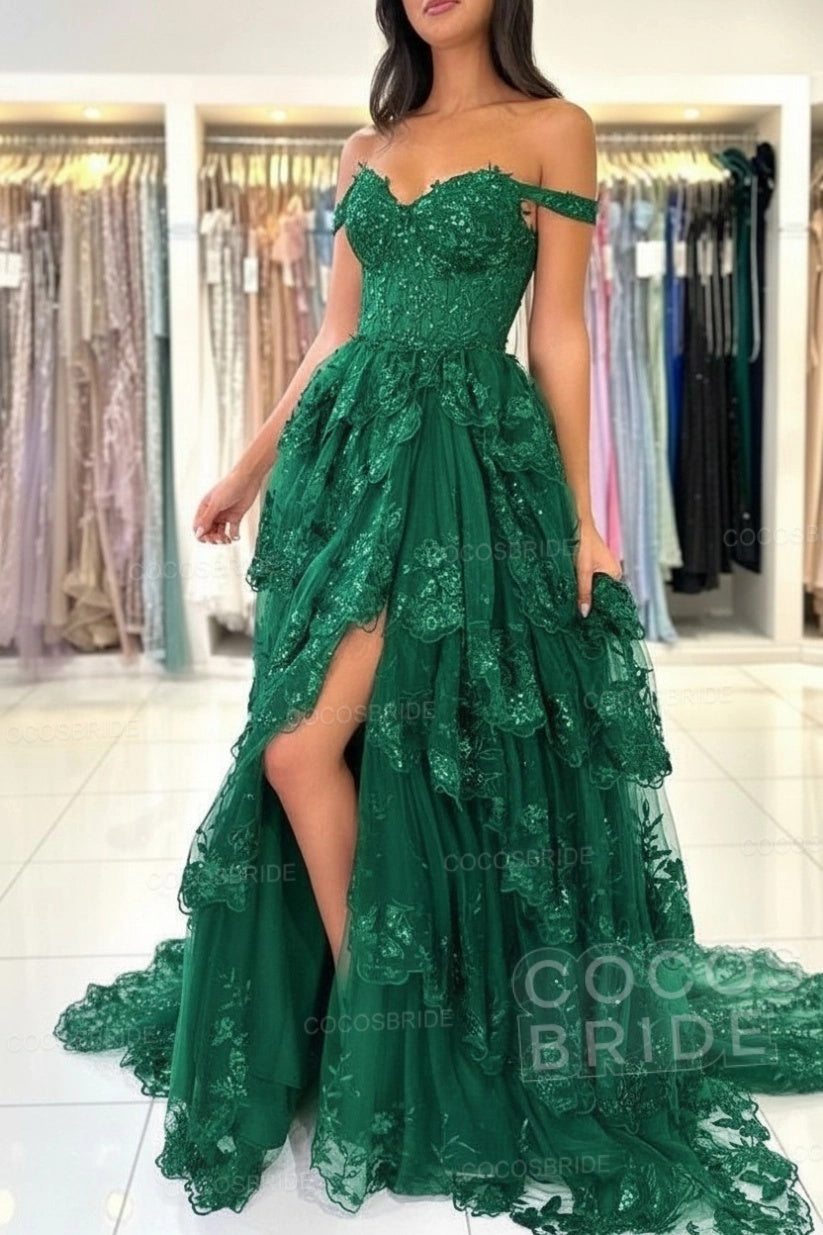 Off The Shoulder Sweetheart Lace A-Line Long Prom Dress with Slit